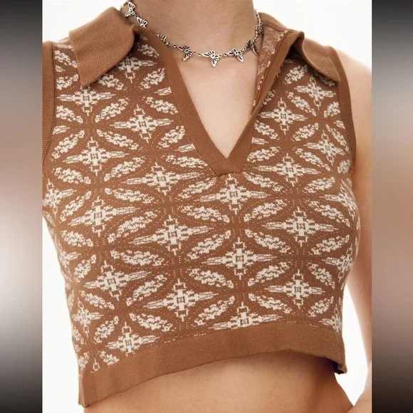 Johnny polo collar v-neck sleeveless Cropped jacquard knit sweater vest size L - Picture 2 of 10